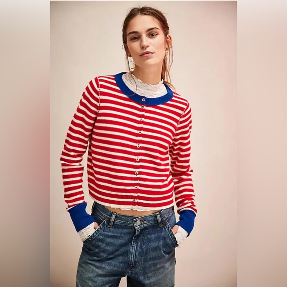 Free Peoples Red White Nocturnal Stripe Cardigan Size Medium NWT
